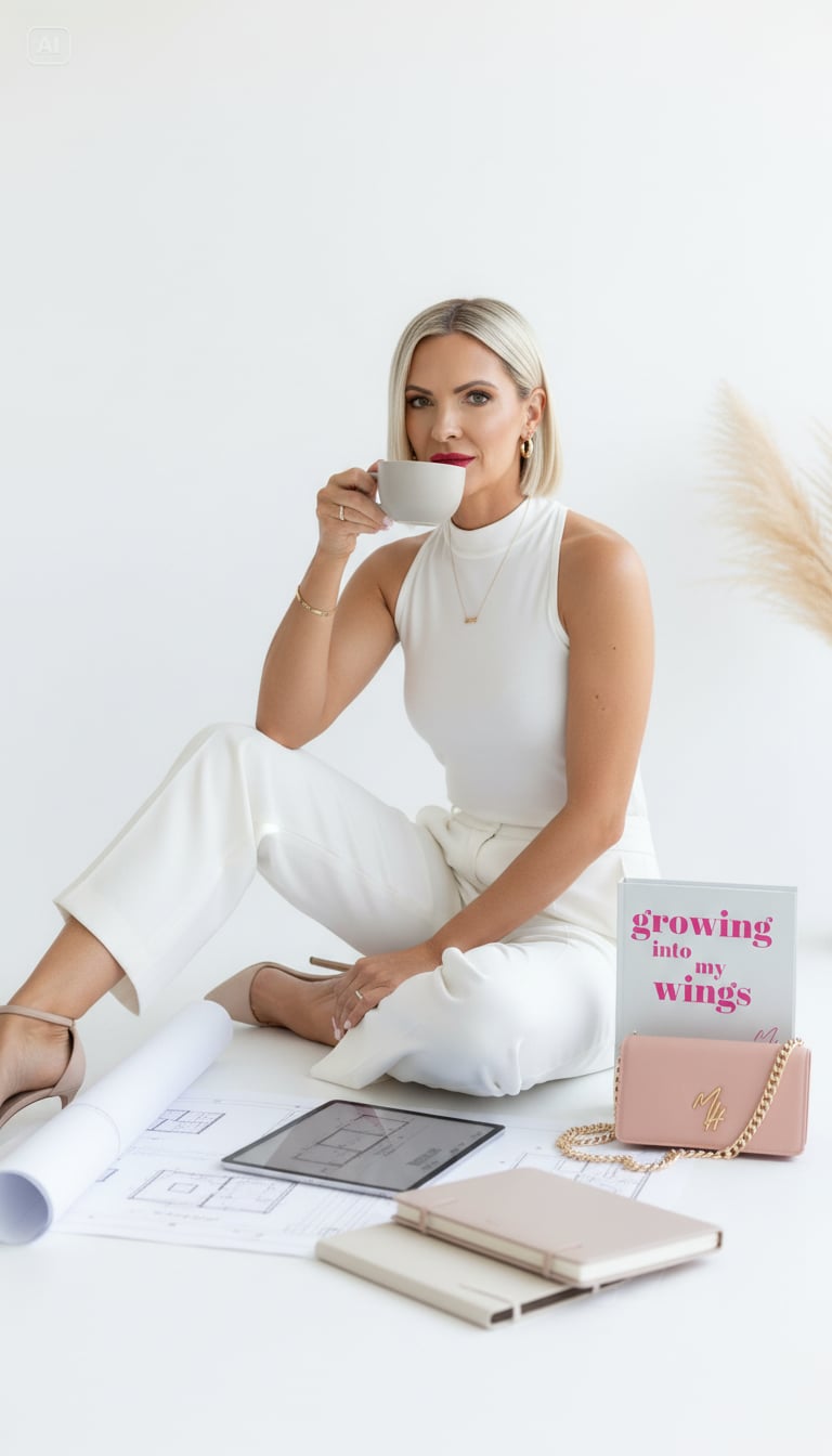 Woman in a white outfit sitting on a white surface with a cup, tablet, and book.