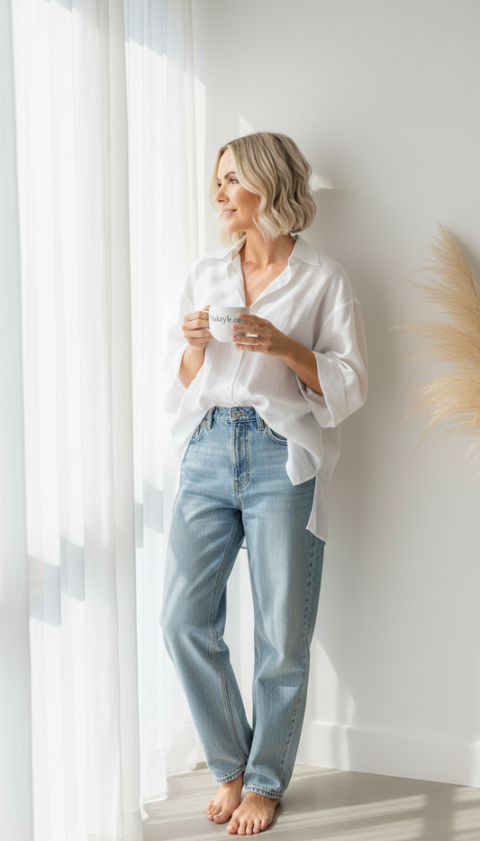 Woman in white shirt and light blue jeans holding a cup, standing by a window.