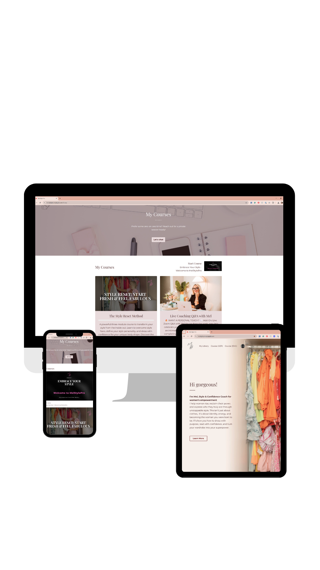 Multiple devices displaying a website on a white background