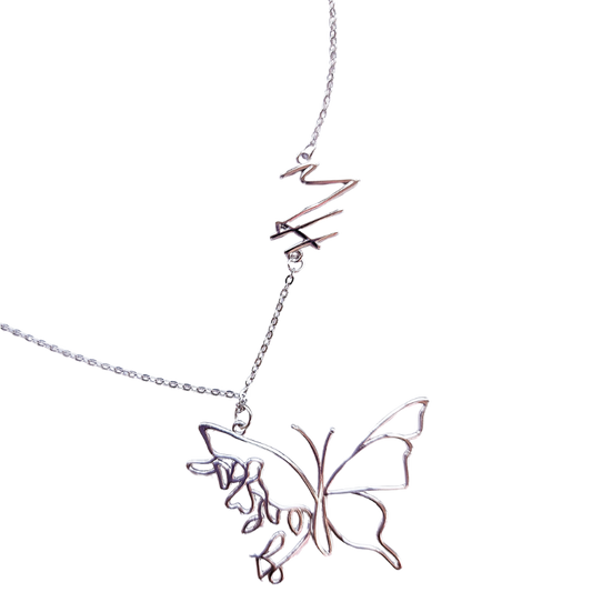 Wings of Strength sterling silver butterfly necklace with MH monogram — Mel Style